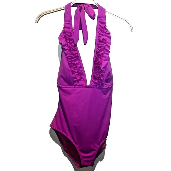 Boden Ithaca Halter Swimsuit Swim One Piece Women US 12 New Pink Ruffle Vibrant - Picture 10 of 10
